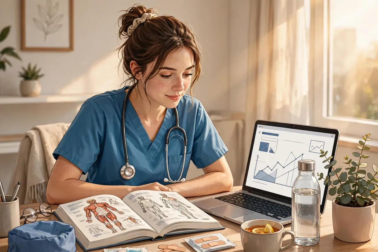Adult nursing student in scrubs studying after a placement shift