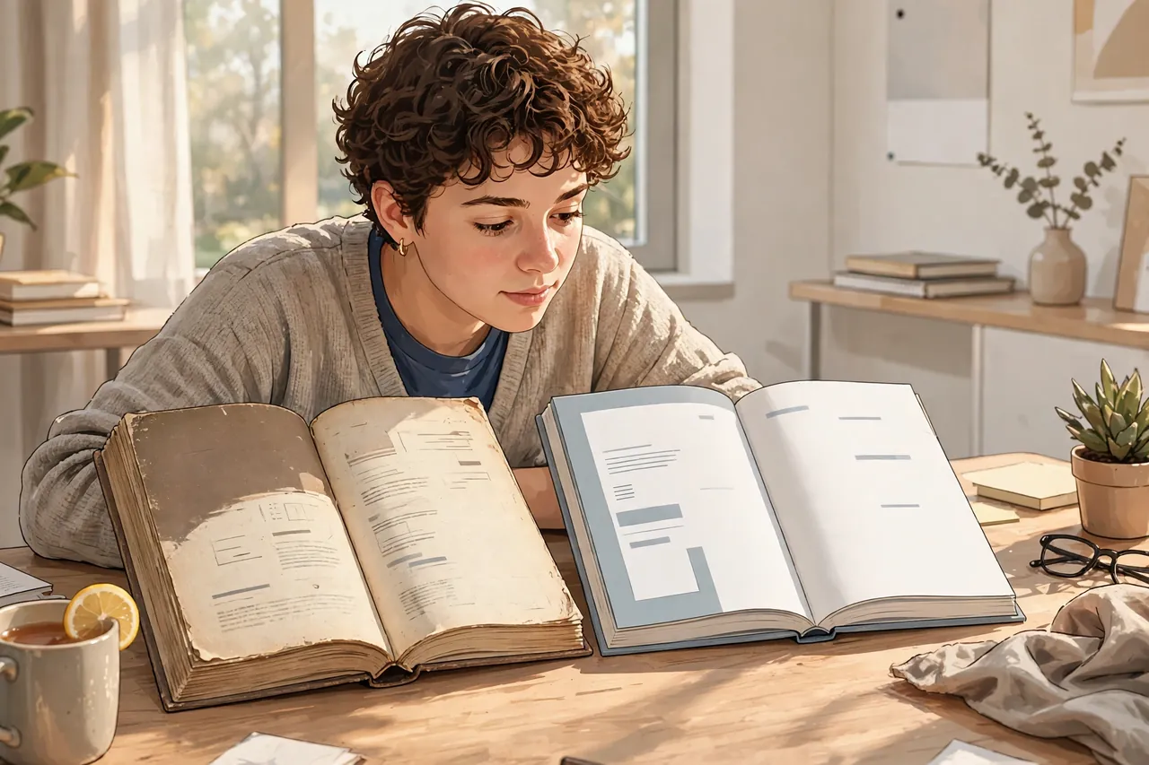 Student comparing old and new editions of an APA style guide
