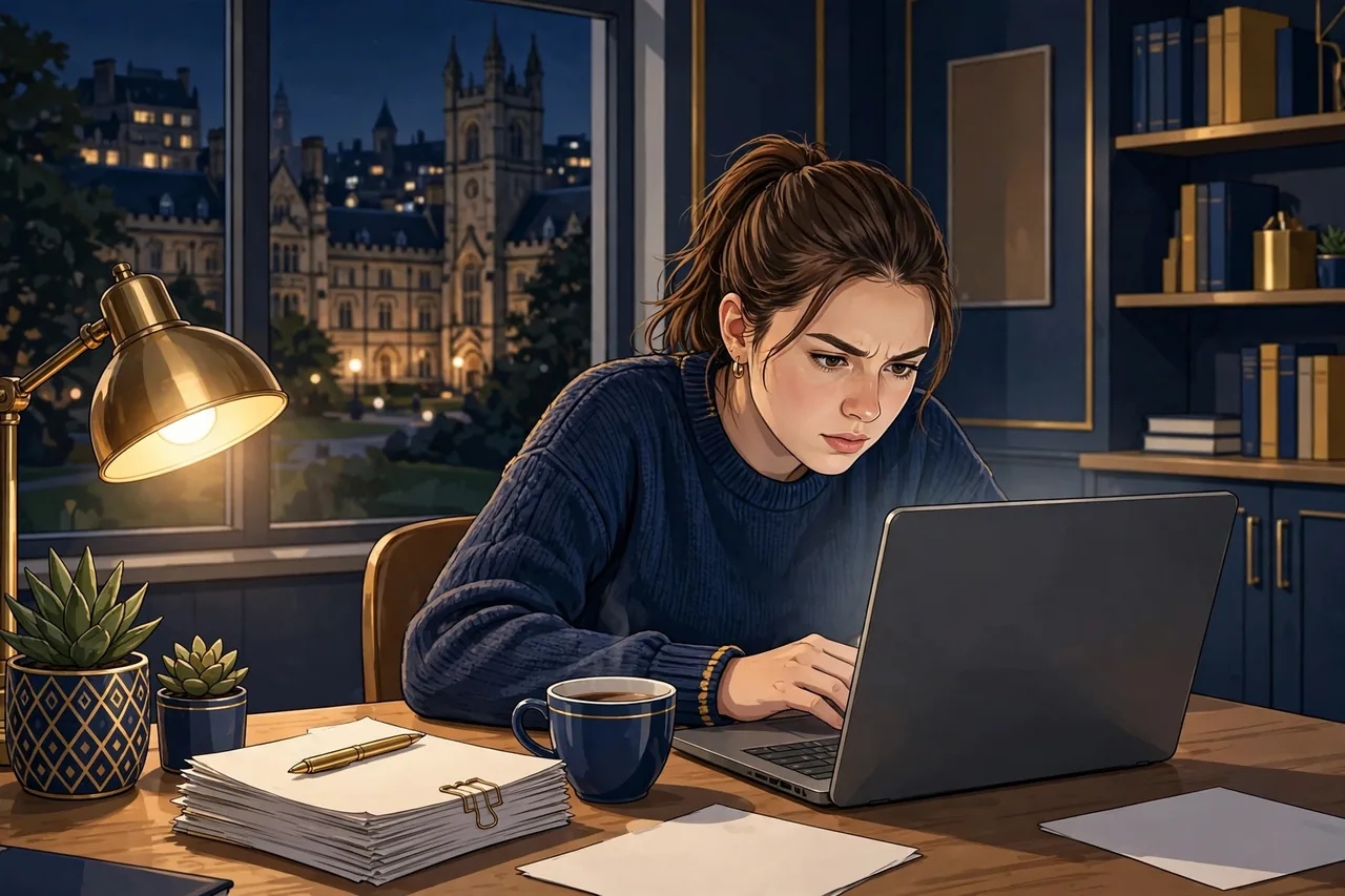 Student working late under a lamp to finish an assignment due in 48 hours