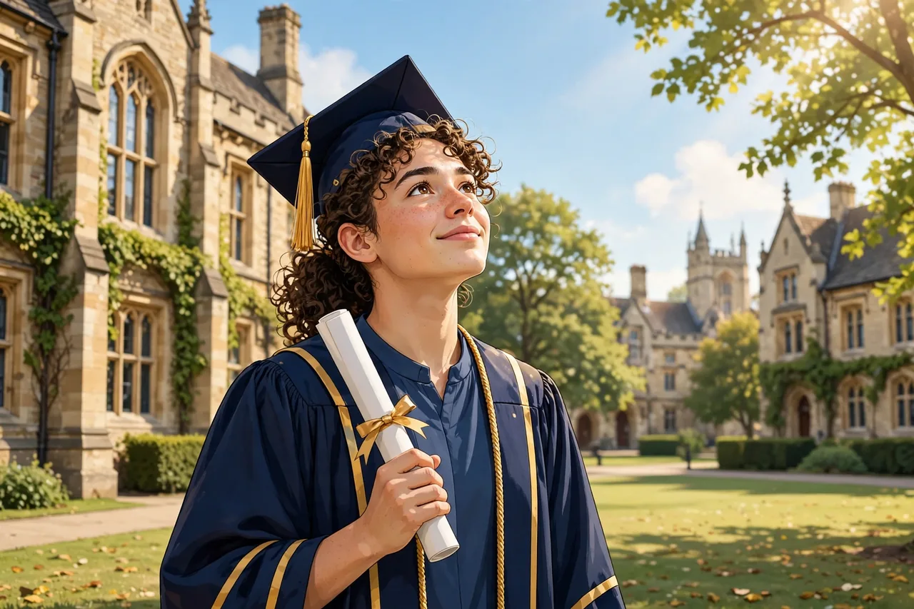 Graduate in a gown holding a diploma on a sunny university campus