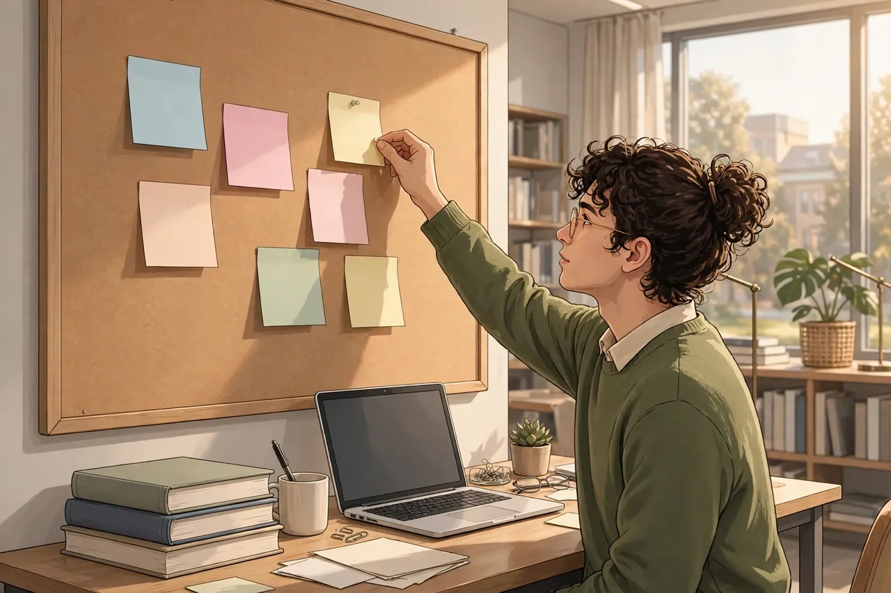Postgraduate student planning a dissertation proposal with sticky notes and books