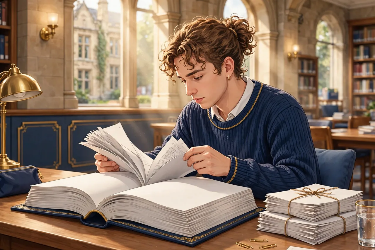 Student counting the pages of a thick dissertation with appendix bundles beside it