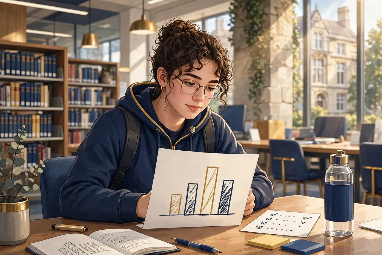 First year student in a library holding a results chart, checking whether first year grades count