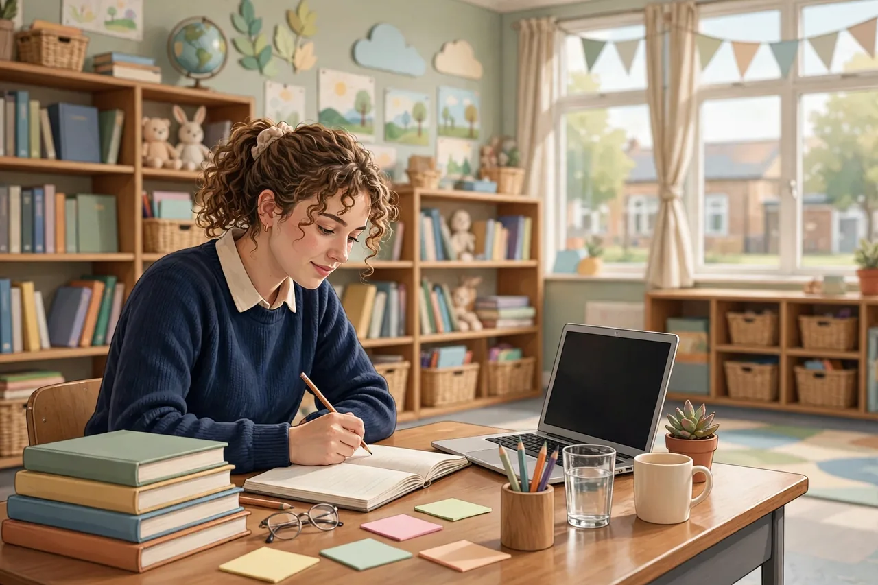 Trainee teacher planning a lesson in a bright primary school classroom