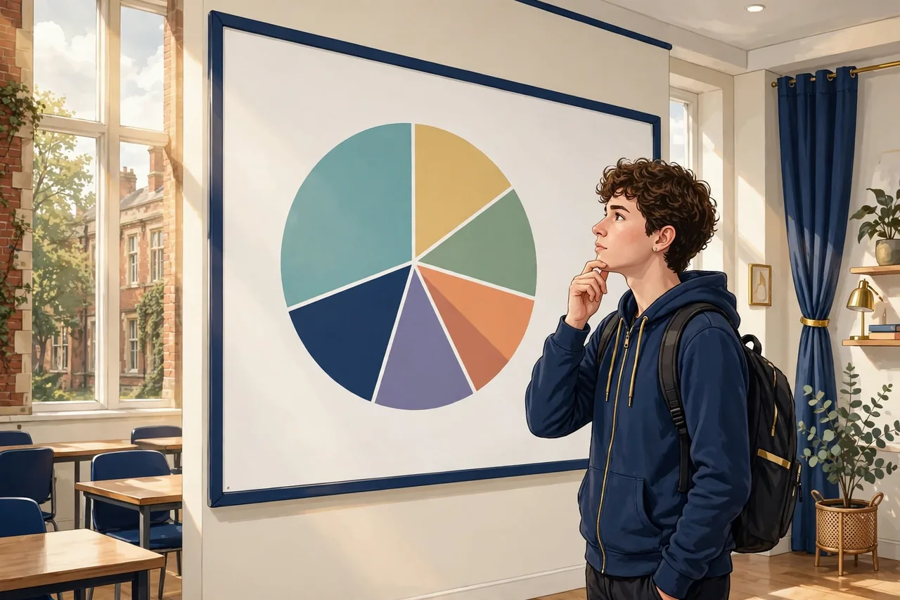 Student studying an exam weighting pie chart drawn on a whiteboard