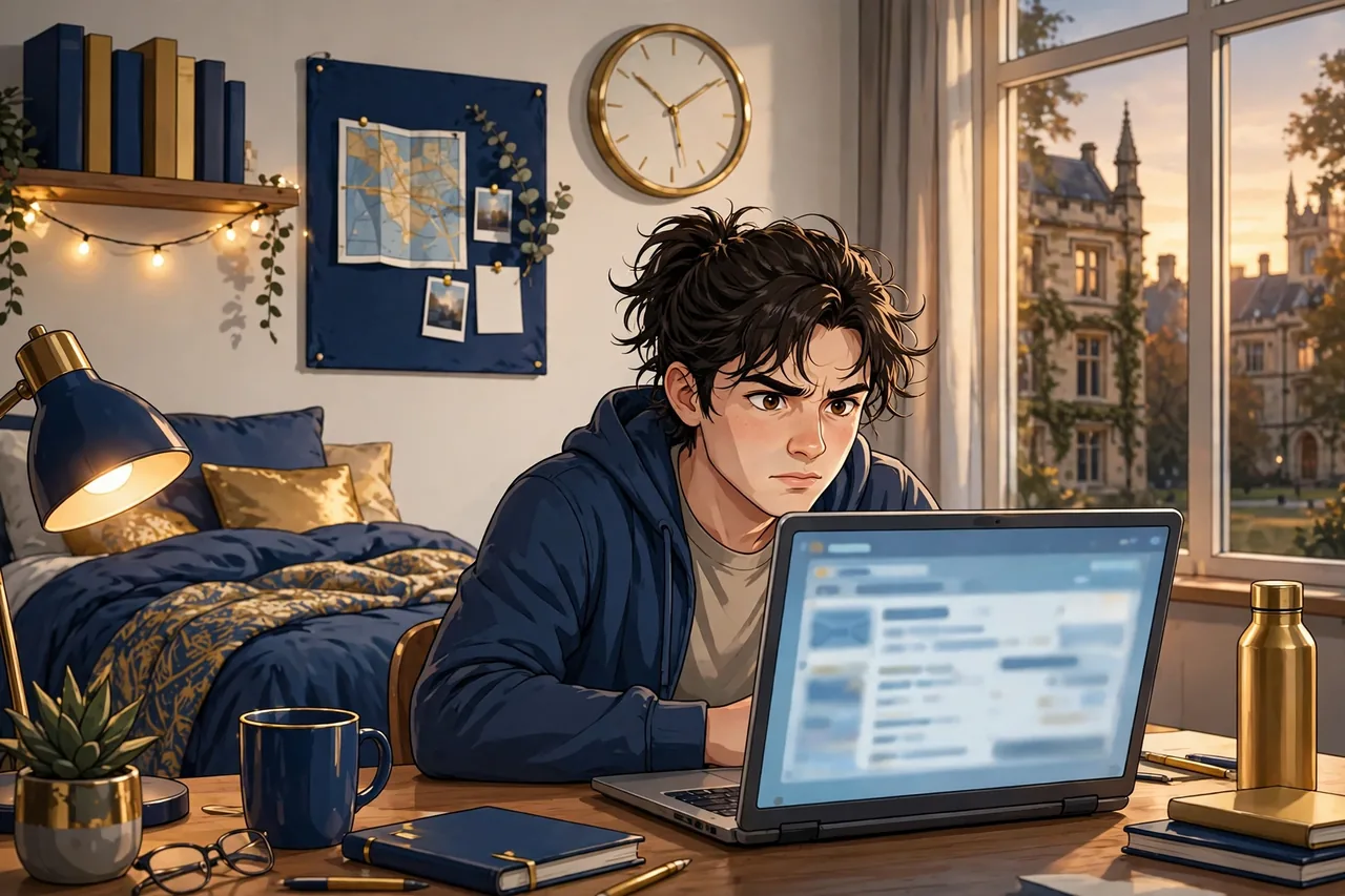 Student reading a rejected extension request email on a laptop in a dorm room