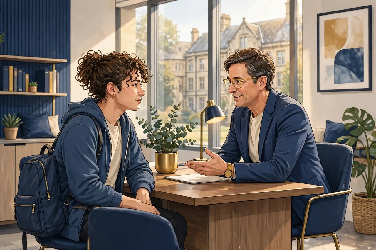 Student explaining extenuating circumstances to a university adviser in a bright office