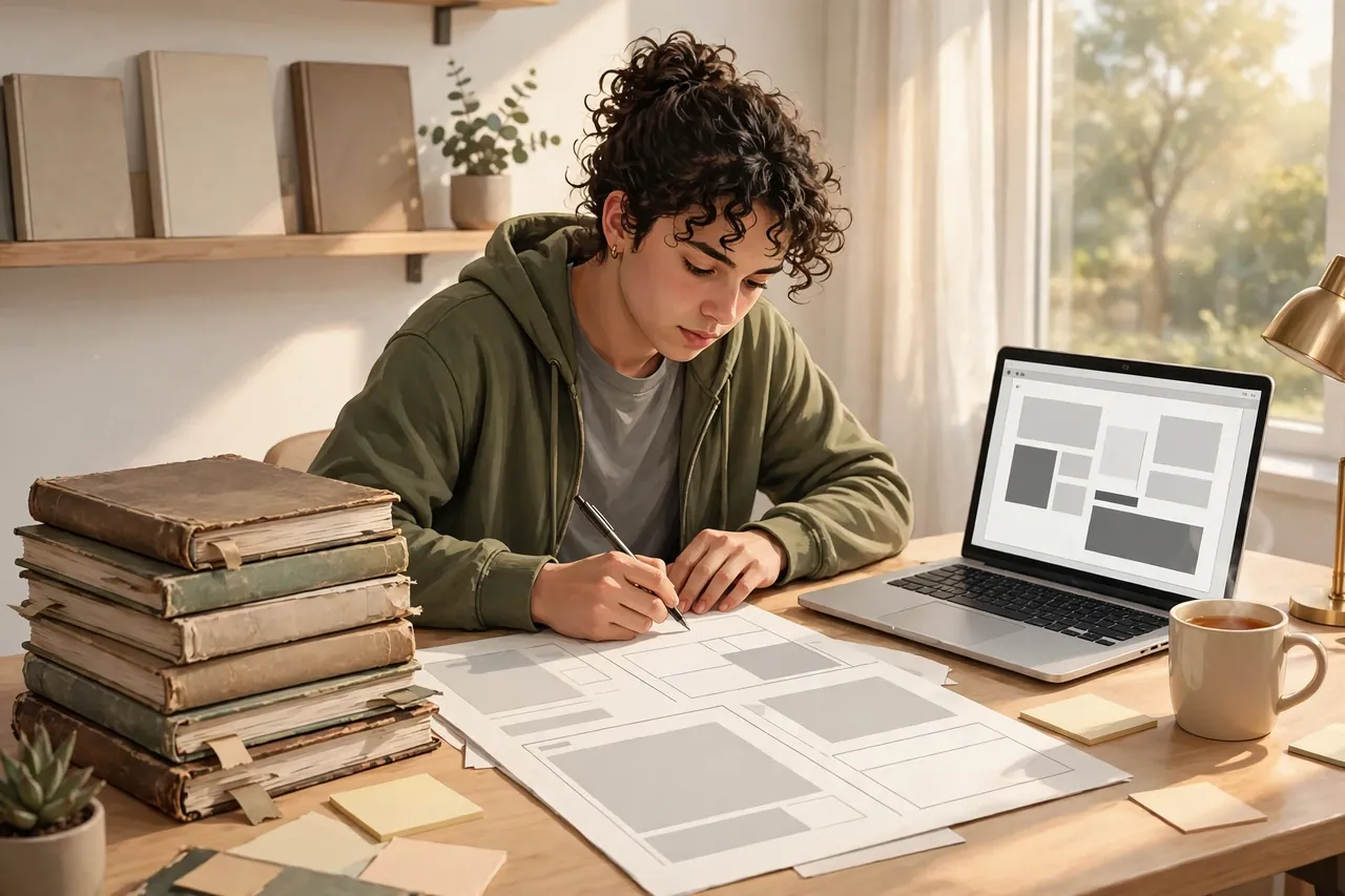 Student formatting Harvard referencing examples with a laptop and style guides