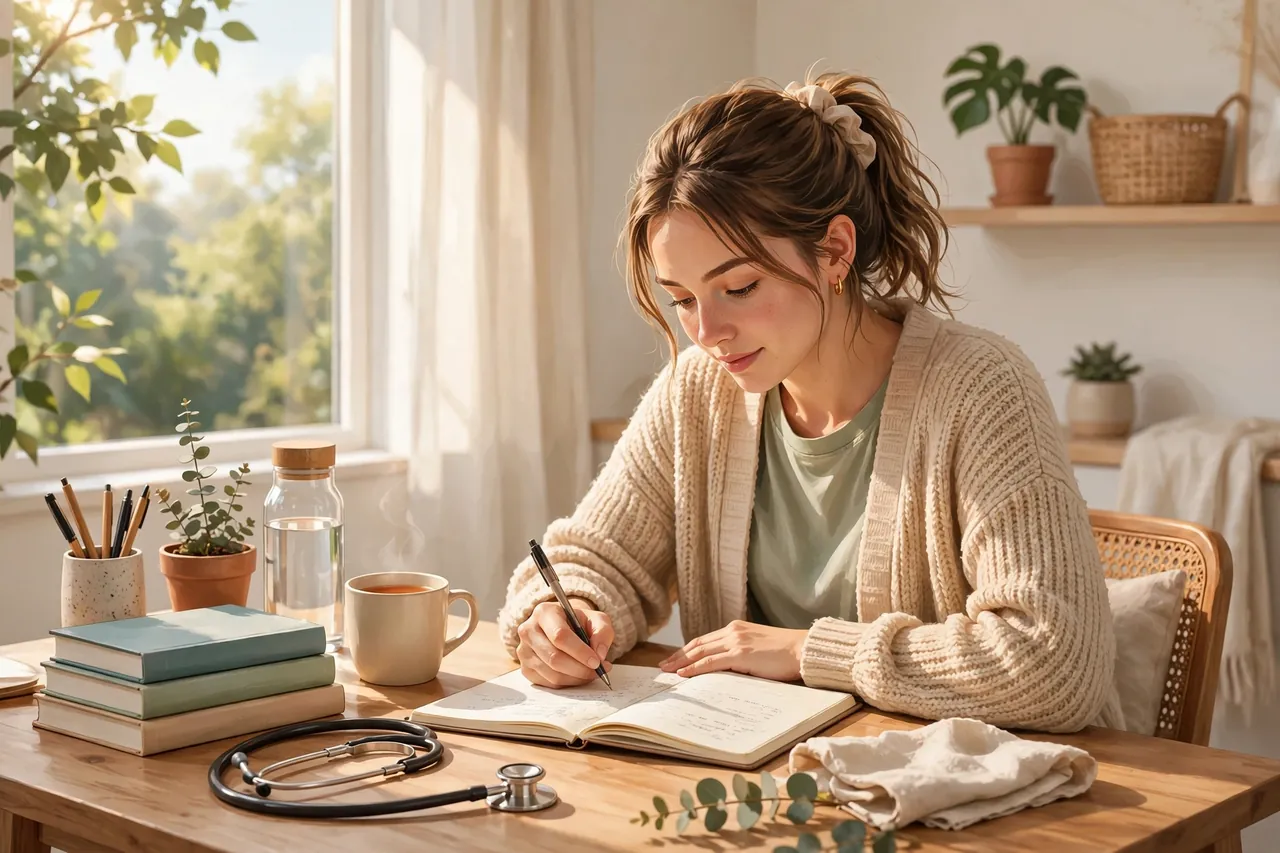 Health and social care student writing assignment notes at a desk