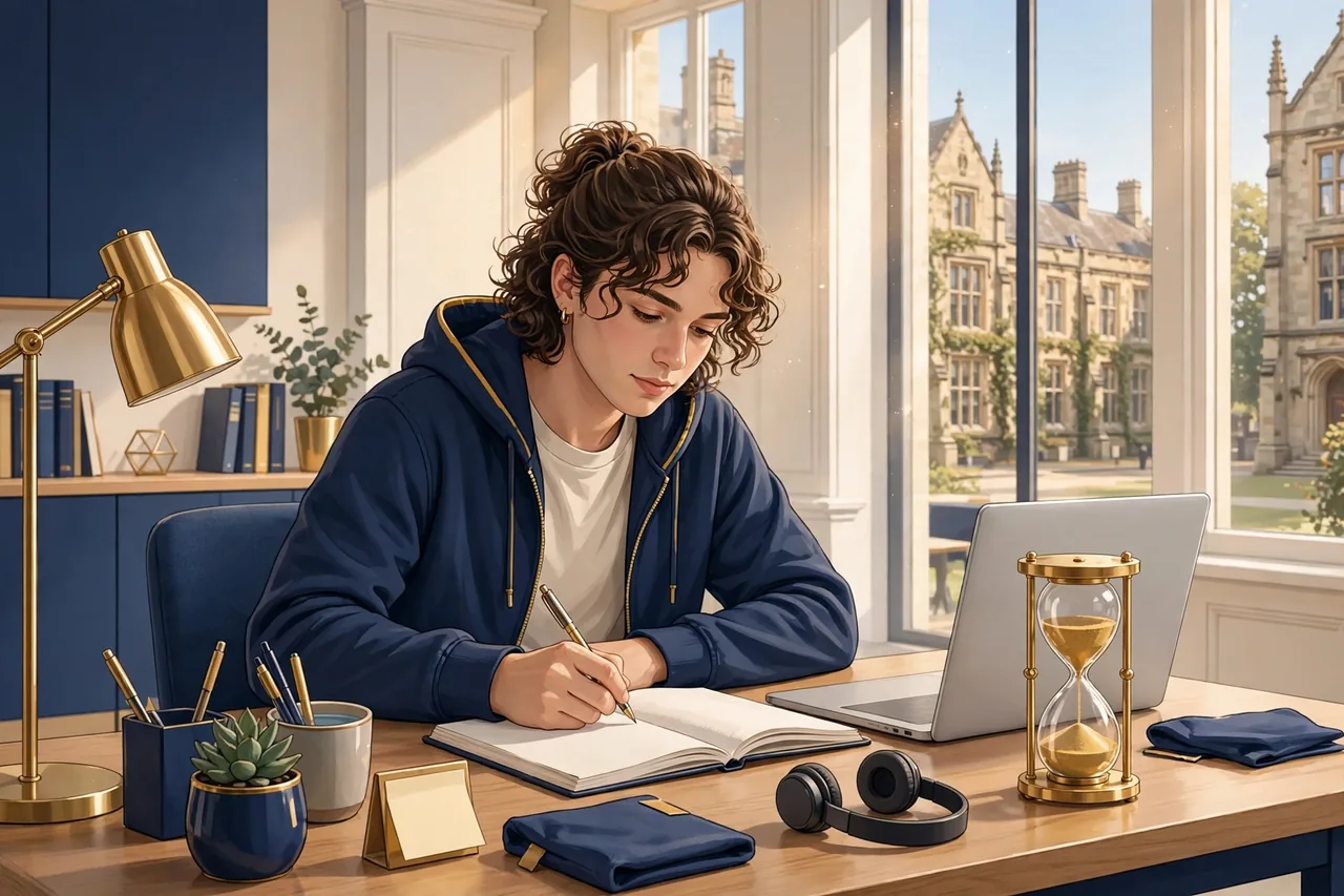 Student writing a 2,000-word essay at a desk with an hourglass and notebook