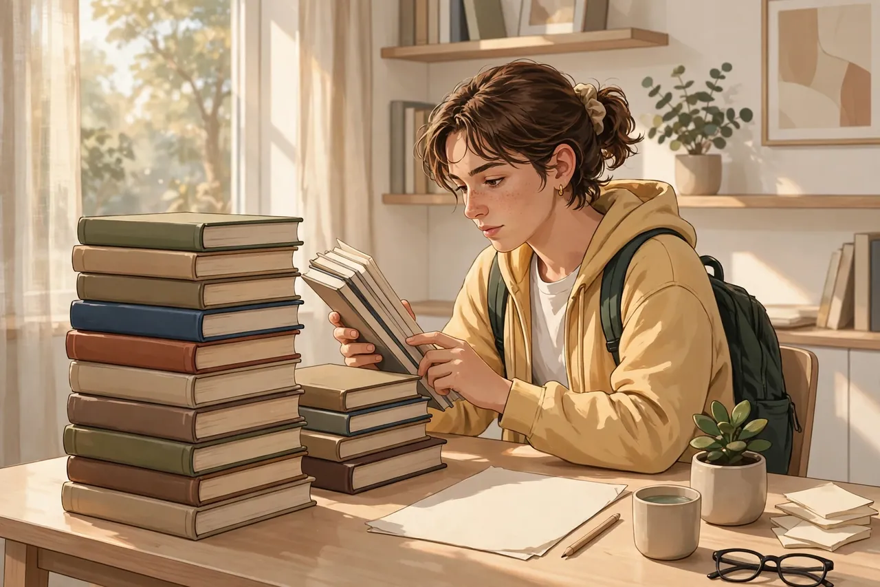 Student counting source books beside an essay draft