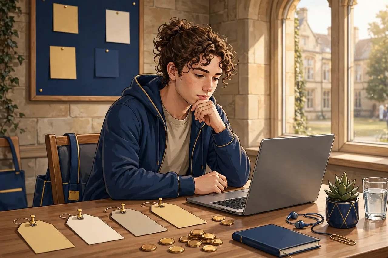 Student comparing assignment help costs on a laptop with coins and price tags on the desk