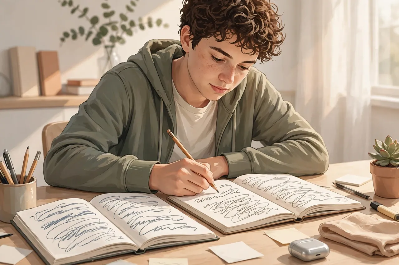 Student paraphrasing a paragraph in two notebooks side by side