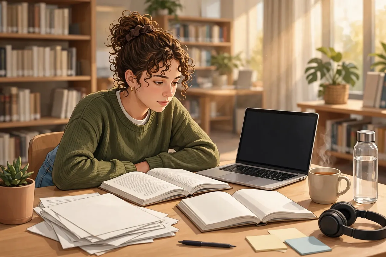 Student referencing a journal article in APA style at a library desk