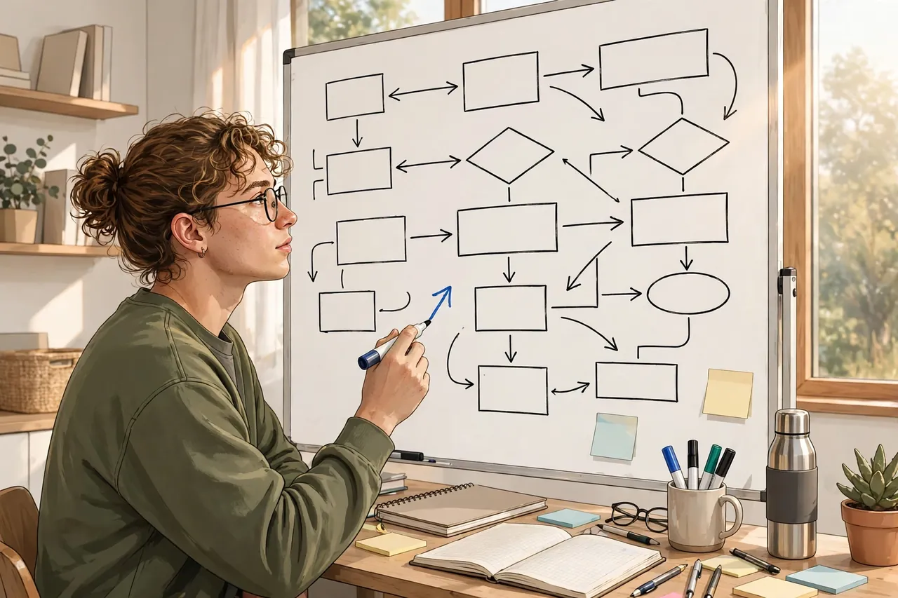 Student planning dissertation methodology on a whiteboard flowchart