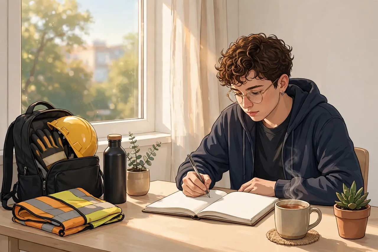 Student writing a reflective essay in a journal by a bright window