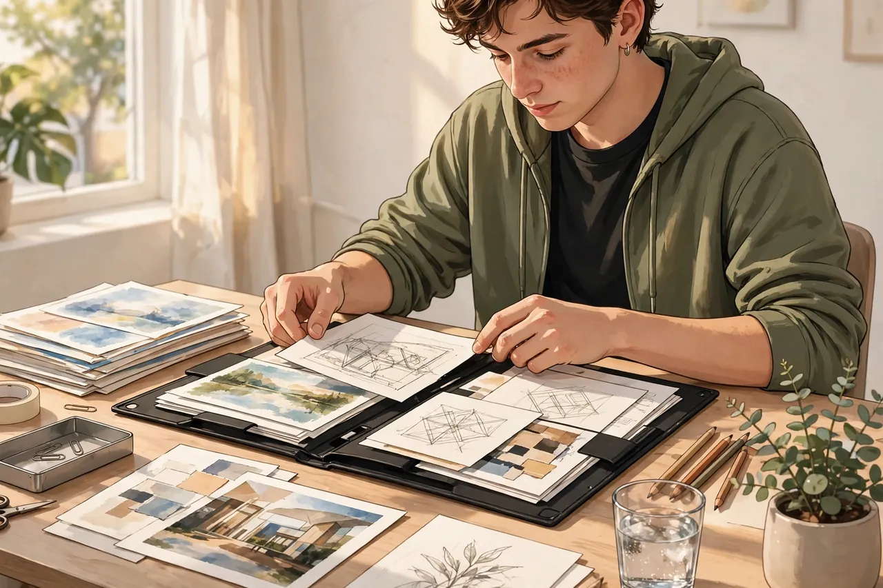 Student assembling coursework into a portfolio folder