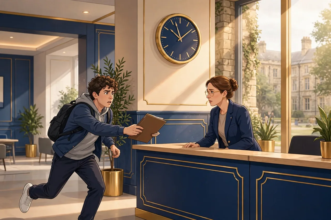 Student handing in coursework at a university reception desk as a deadline passes