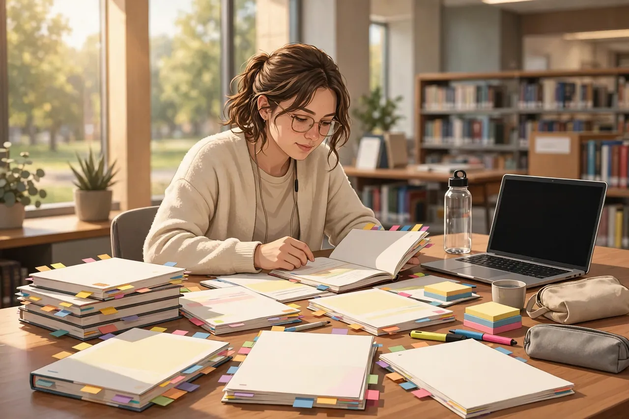 Student reviewing academic journals for a literature review in a library