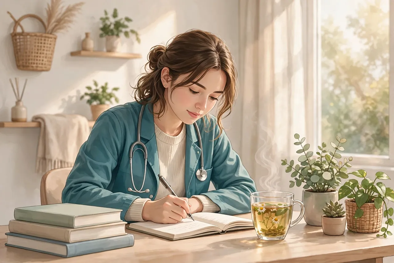 Mental health nursing student writing reflective notes in a calm room