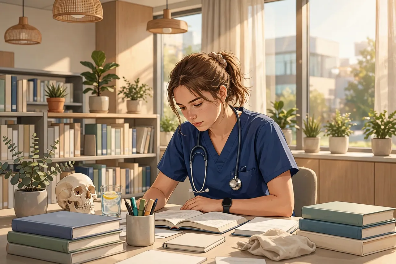 Nursing student researching dissertation topics at a hospital library desk