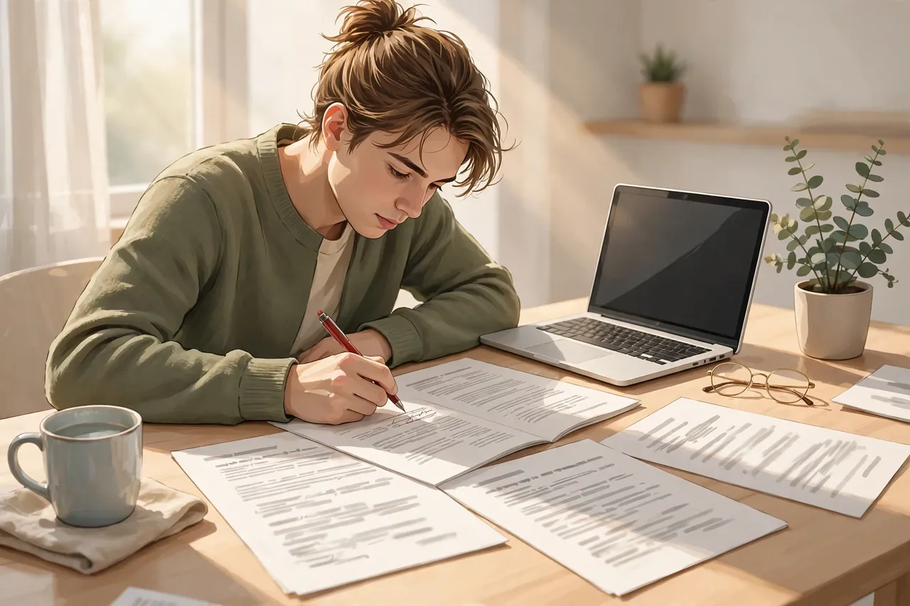 Student proofreading a printed essay draft with a red pen