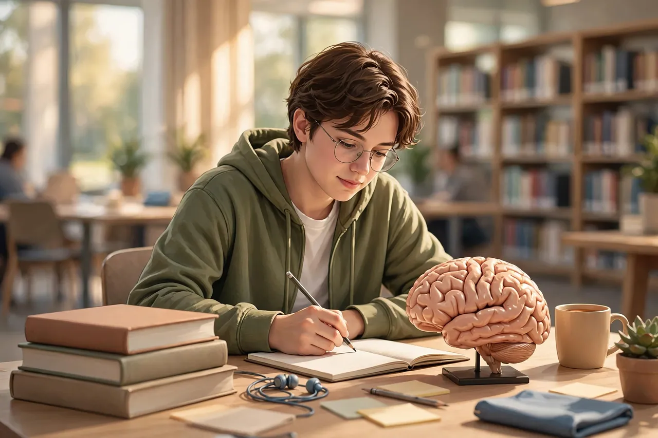 Psychology student studying beside a model of the human brain