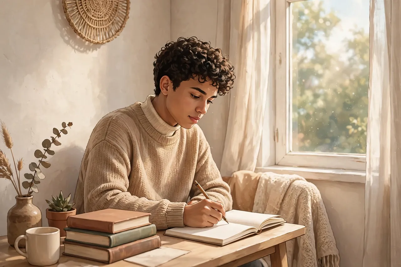 Student handwriting a reflective journal beside a bright window