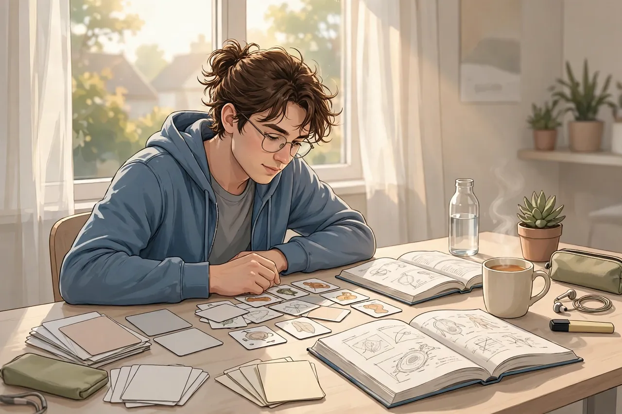 Student revising with flashcards and textbooks for a resit exam