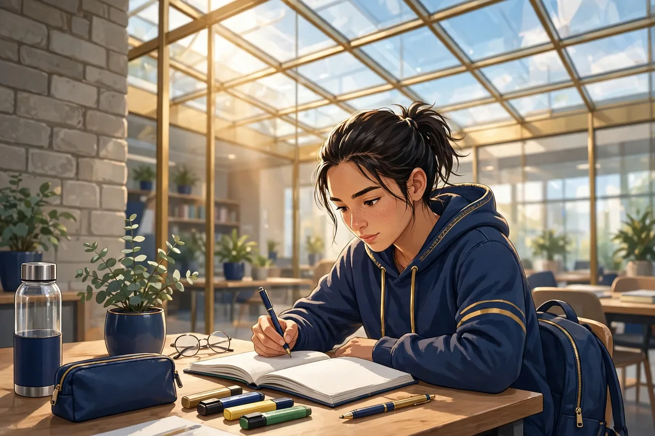 Student revising in a glass-roofed study space for a resit with capped marks