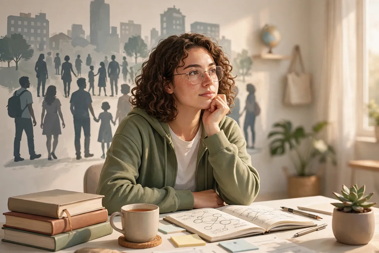 Sociology student studying with books in a bright library