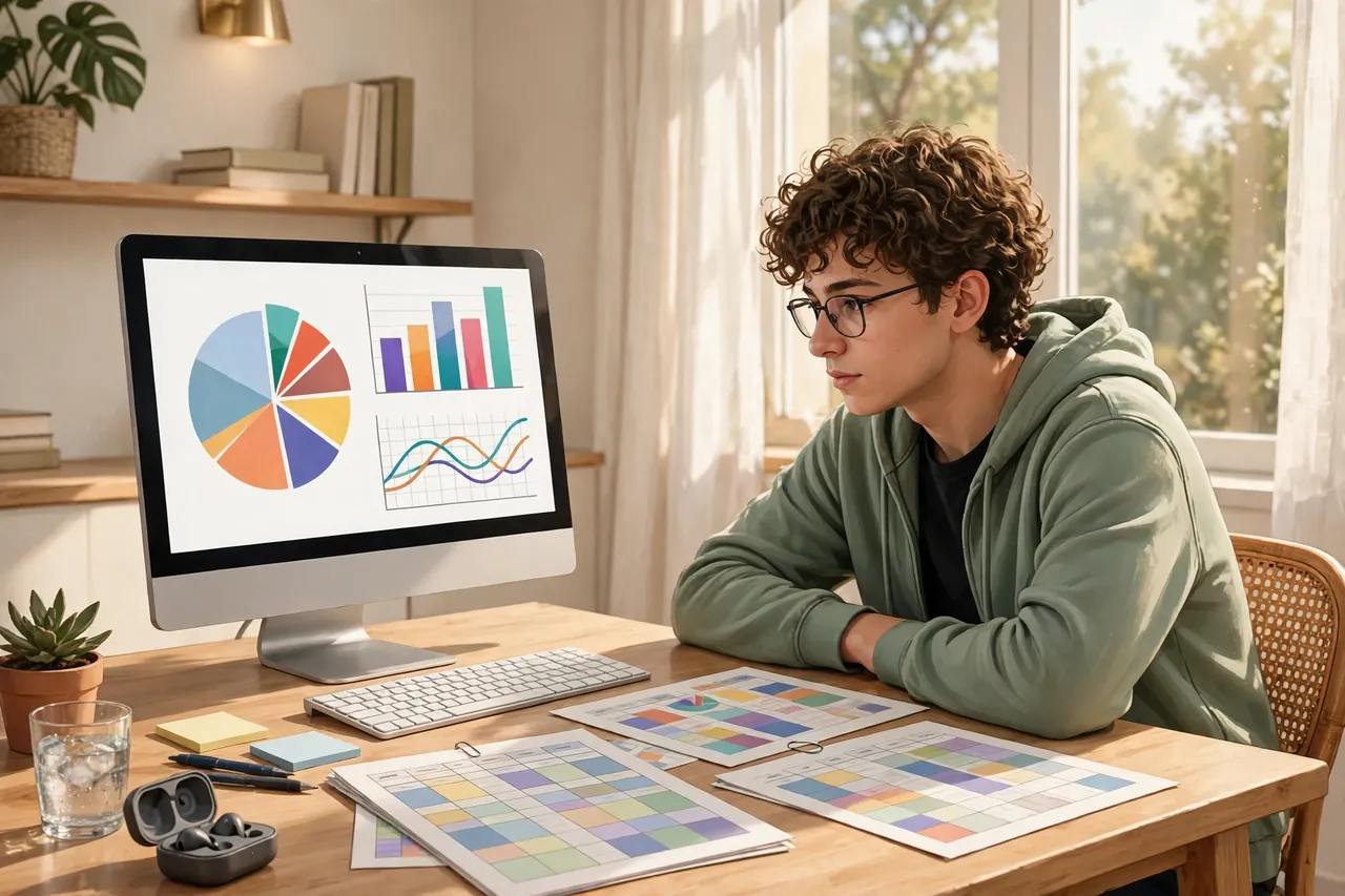 Student analysing survey data with charts on a computer screen