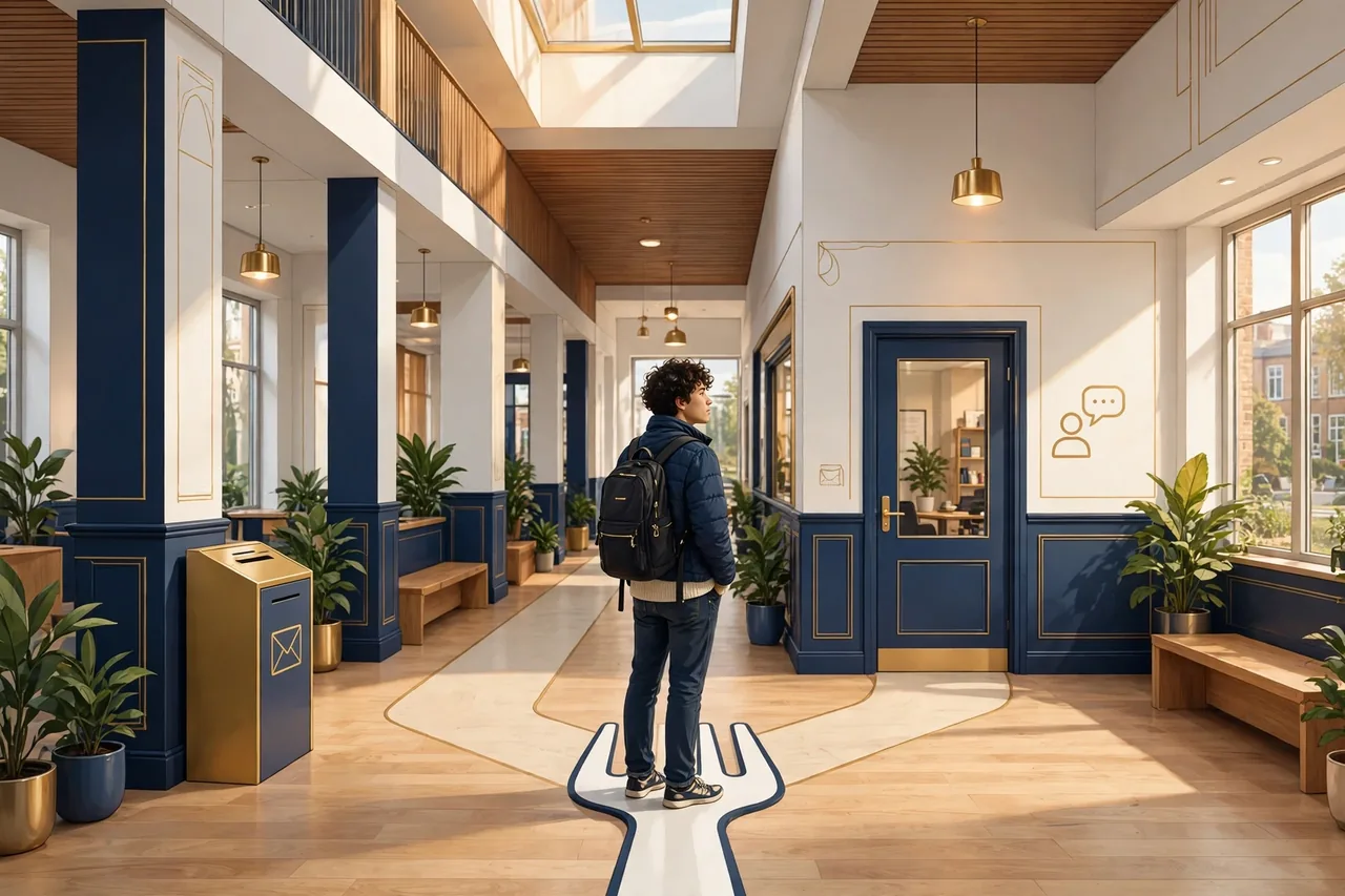 Student choosing between two paths in a university building, submit late or request an extension