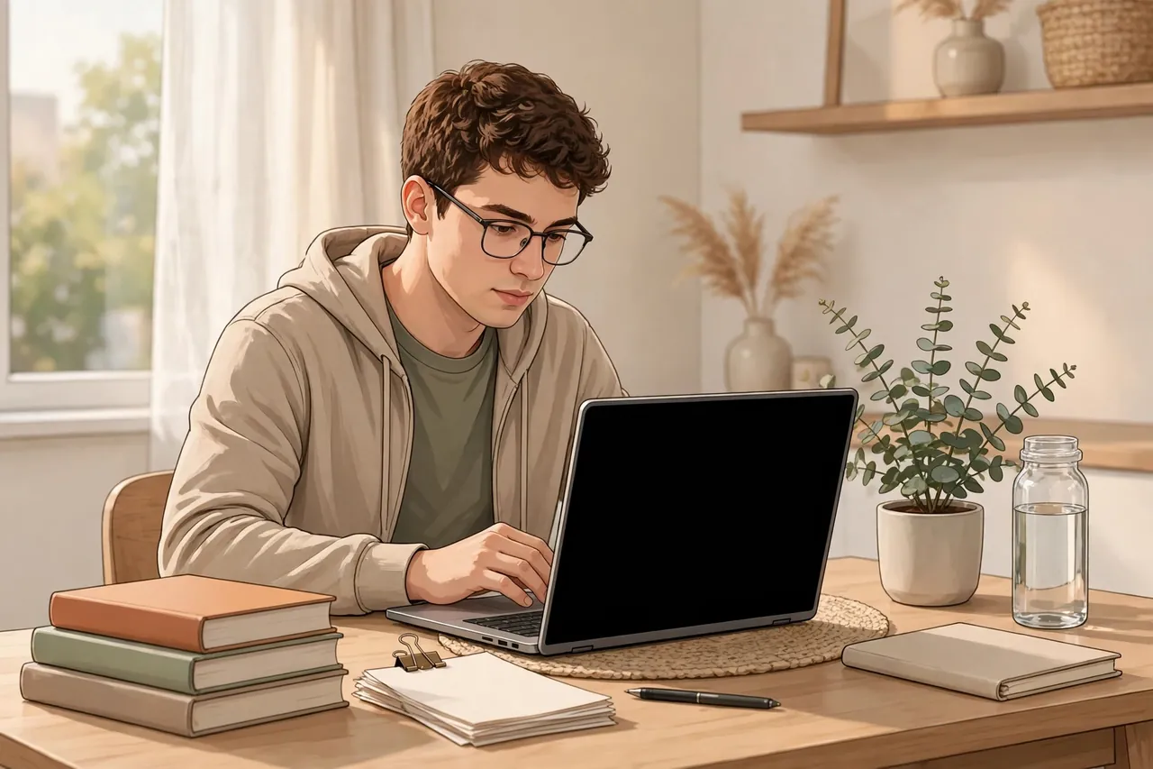 Student completing a take-home exam at a tidy home desk