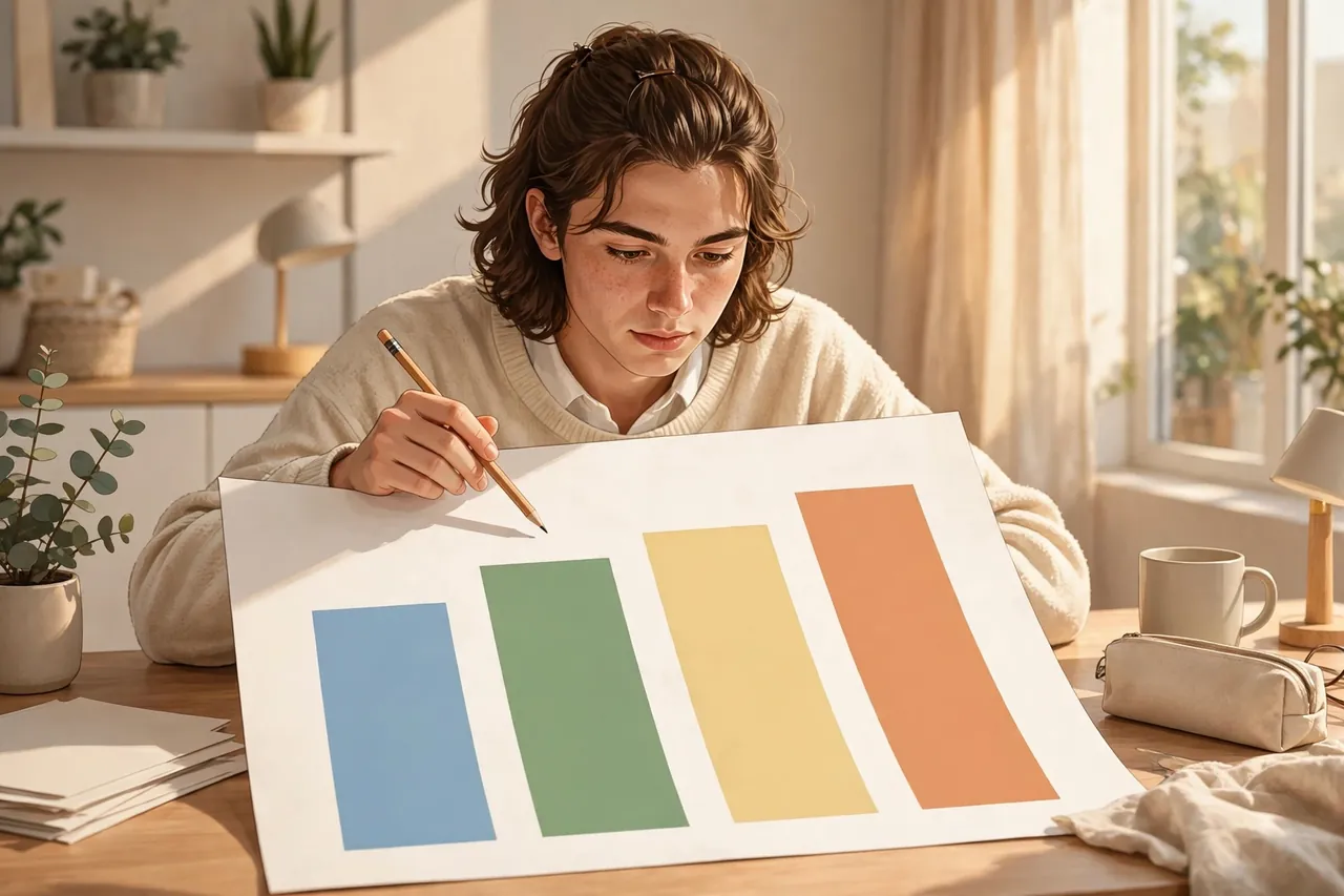 Student studying a grade bands bar chart on paper