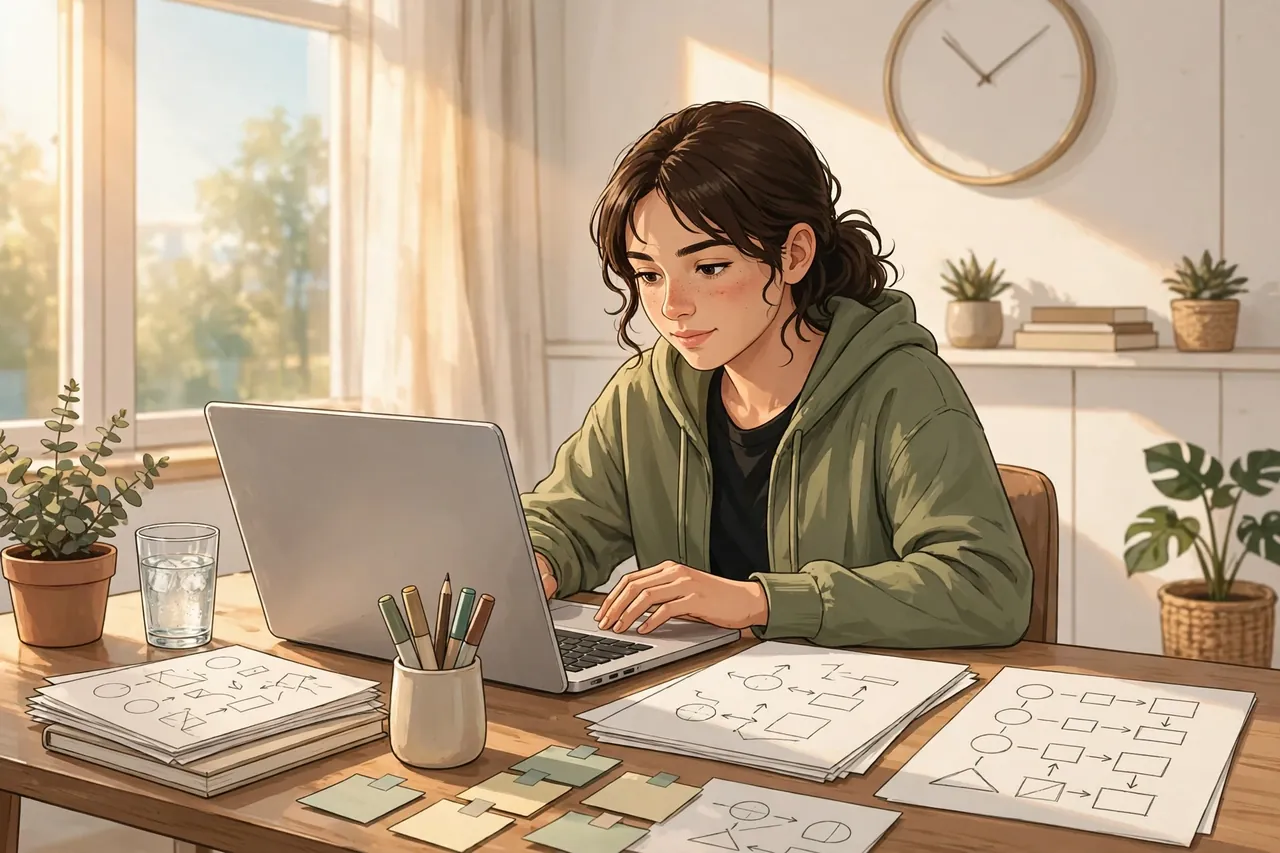 Student working efficiently to an assignment deadline under a wall clock