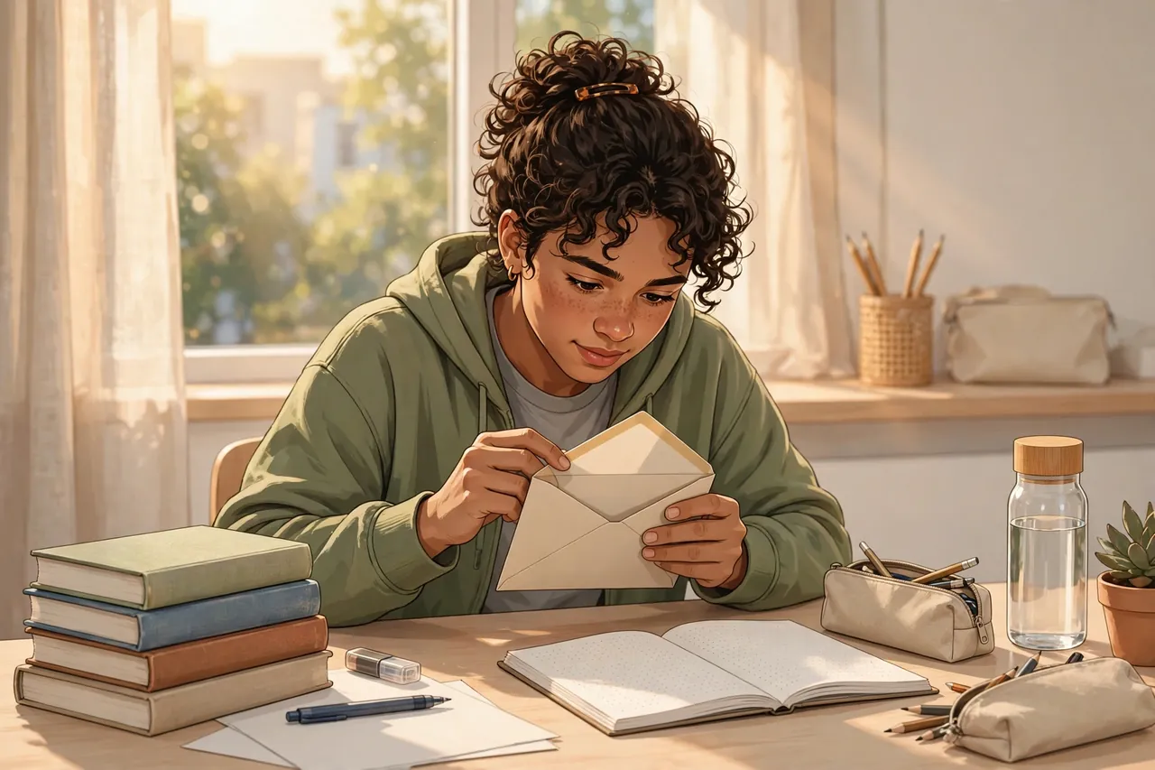Student opening an exam results envelope with revision books ready for a resit