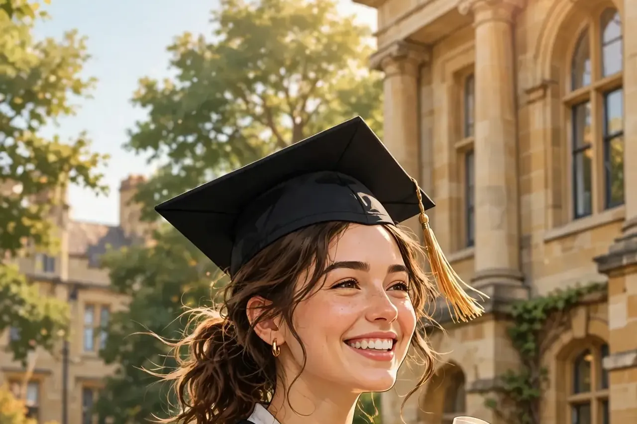 Graduate celebrating a 2:1 degree outside a UK university building