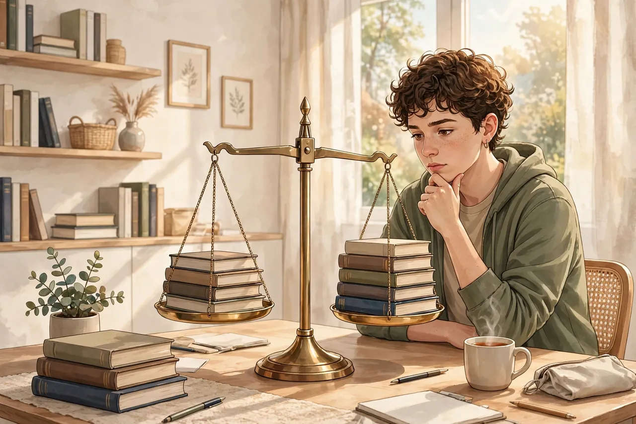 Student weighing both sides of an argument with a balance scale of books