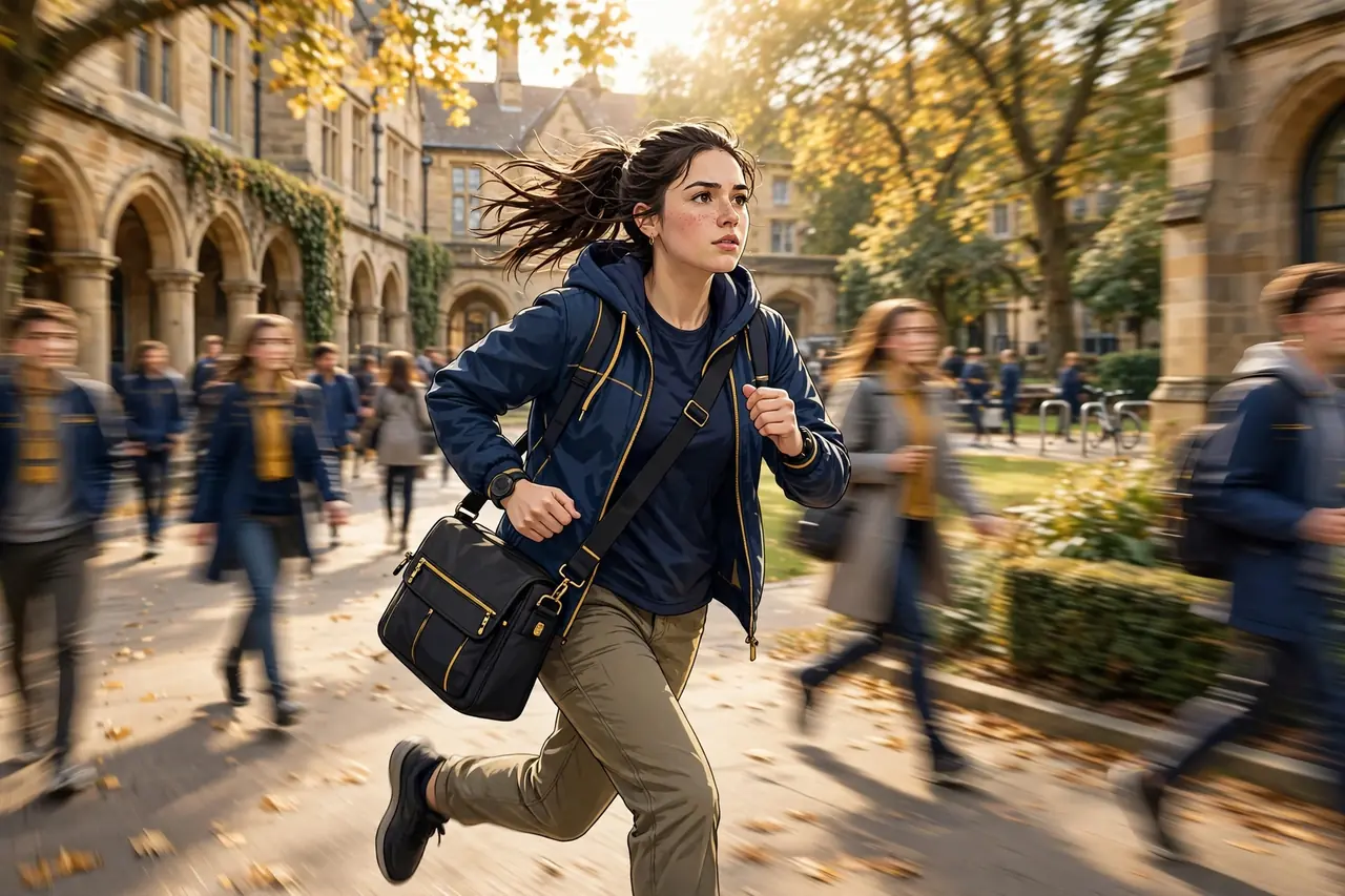 Student rushing across a university campus with a laptop bag before an urgent deadline
